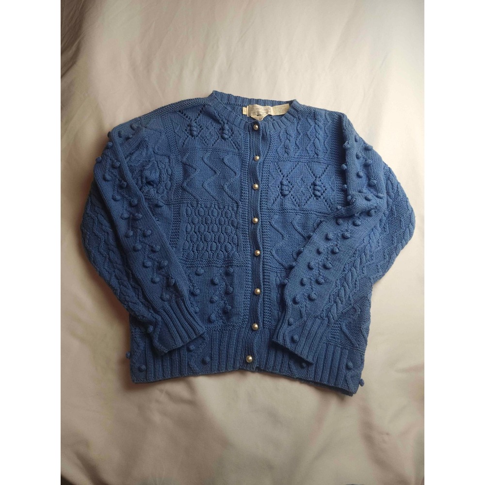 The Eagle's Eye Vintage Blue Cotton Patchwork Cable Knit Womens Cardigan Large